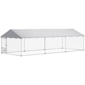 Outdoor Dog Kennel with Adjustable & Rotatable Bowl Rack, Waterproof Cover, Secure Lock, 19.7' x 7.5' x 5.2'