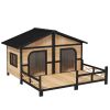 59"x64"x39" Large Wooden Dog House Raised Weatherproof Rustic Log Cabin Style Elevated Pet Shelter Porch Deck, Natural