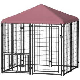 Welded Wire Outdoor Dog Kennel with 360Â° Rotating & 4 Levels Adjustable Bowls, Waterproof Cover, 4.6' x 4.6' x 5'